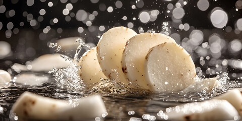 Fresh and Crunchy White Root Vegetables Sliced and Captured in a Dynamic Water Splash for a Crisp and Refreshing Aesthetic


