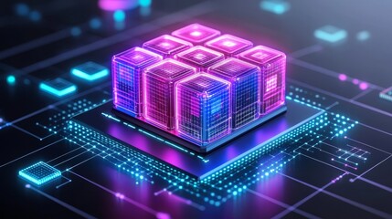 Futuristic processor with glowing components and electronic pulses reflects cutting edge technology and advanced computing innovation