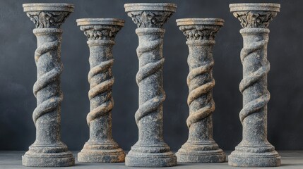 Five weathered stone columns with spiral carvings against a dark background.