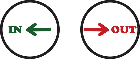 IN OUT arrow icons set. Simple arrow big vector collection isolated on transparent background. Red or green street sign with flat arrow pointing right and left signboard on road for pointing direction