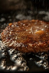 Sizzling Hamburger Steak Close-Up in Cast-Iron Skillet with Forming Oil Bubbles