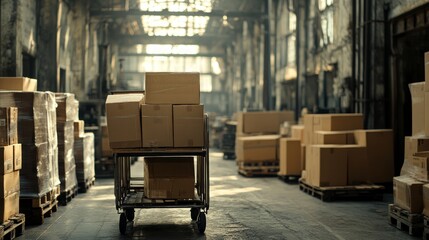 The image showcases a trolley with cardboard box packages, set against the backdrop of a warehouse. The focus is on the logistics and distribution aspect