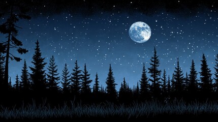 Naklejka premium Serene moonlit wilderness panorama ethereal nightscape twinkling stars above evergreen silhouettes peaceful woodland scene beauty