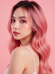 close-up of a model's face, showcasing medium wavy pink hair, creative makeup, and glossy lips, with a seductive expression against a soft pink background.