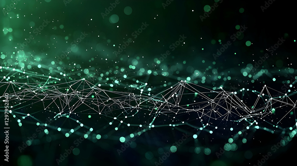 Poster abstract digital network visualization of connected nodes on dark green background