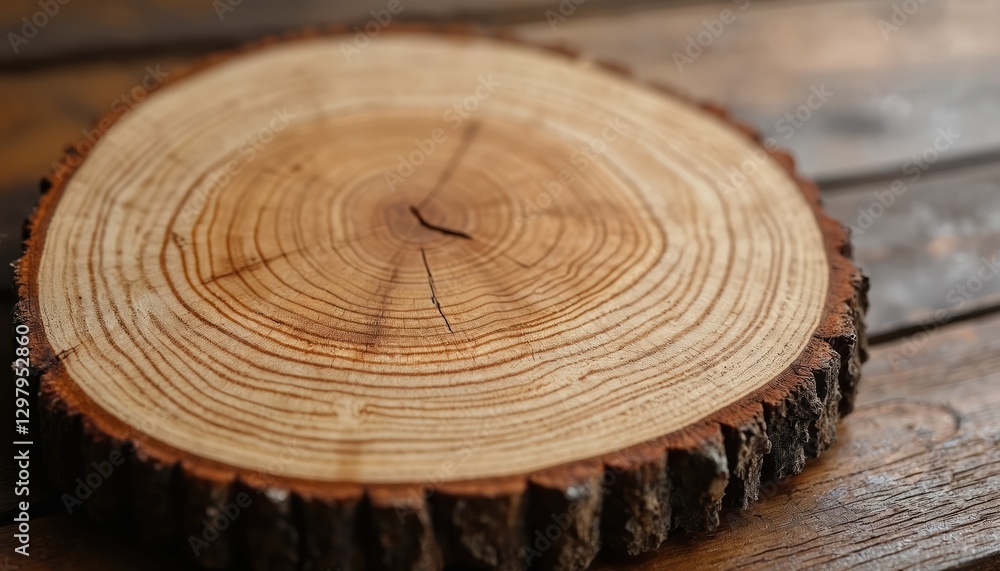 Poster wood slice texture features tree rings pattern on wooden table. natural oak material with beautiful 