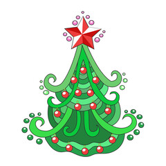 Green Christmas tree with a red star and beautiful balls. Vector illustration