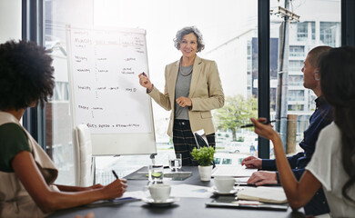 Business, woman and explain presentation in office for corporate schedule, daily planner and...