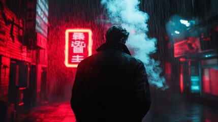 Obraz premium Rainy Alleyway - Neon Lights - Solitude