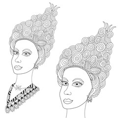 Head of a beautiful fashionable girl with a complex hairstyle. Vector illustration