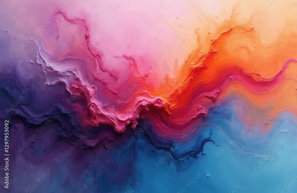 Poster vibrant mixed color acrylic paint texture. abstract blue, orange and pink colors flow. wave design. 