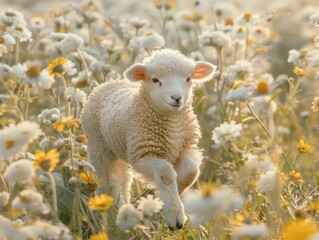 Fototapeta premium Lamb leaps meadow sunrise daisies spring postcard