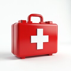 Obraz premium Close-up of red first-aid kit. White cross icon on plastic box ensures safety. Medical emergency preparedness three-dimensional rendering helps in urgent rescue, protection. Essential health care
