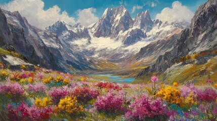 Fototapeta premium Colorful Mountain Scenery with Vibrant Spring Flowers
