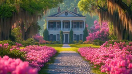 Southern Mansion in Springtime Garden