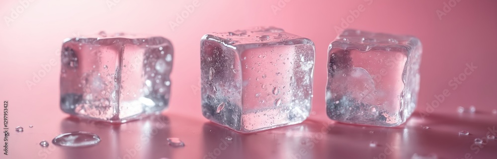 Aufkleber three translucent ice cubes on pink background. melting ice with water droplets. refreshing cold dri