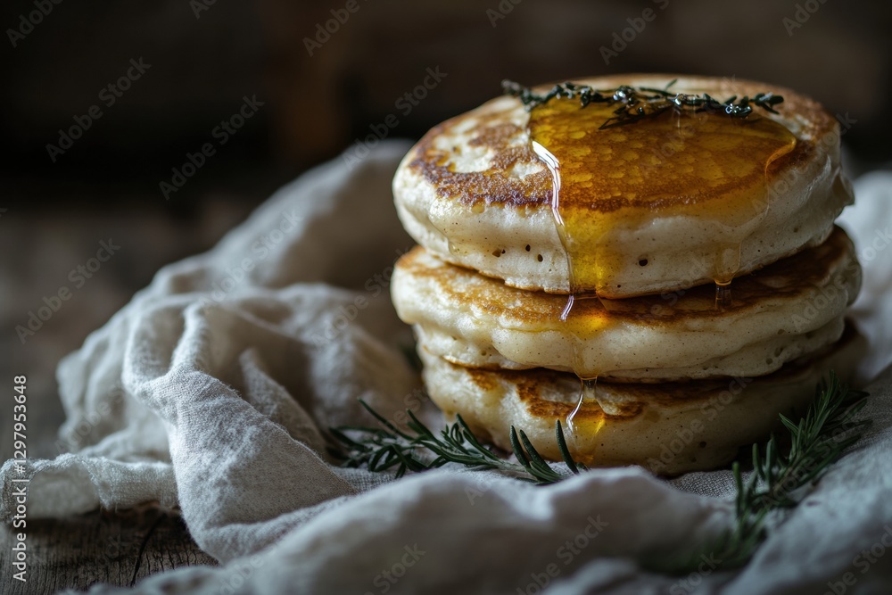 Poster Stack of fluffy pancakes drizzled with syrup and garnished with herb on a rustic wooden table. Generative AI