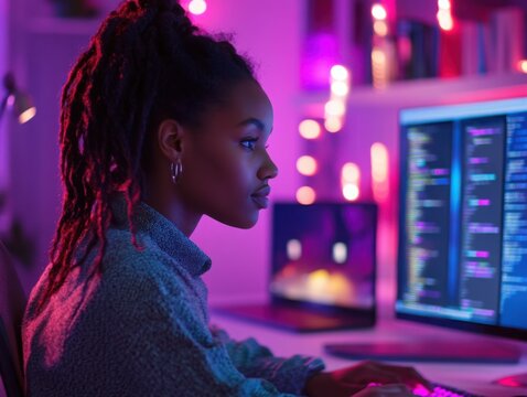 Focused young woman coding on computer in purple-lit room