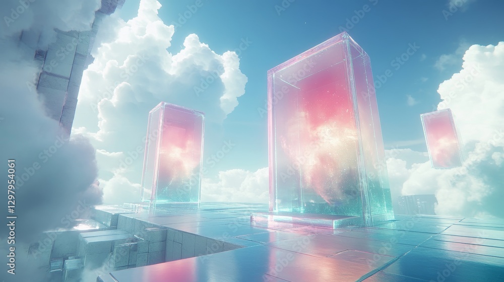 Poster surreal dreamscape featuring iridescent crystal structures floating amidst ethereal clouds against a