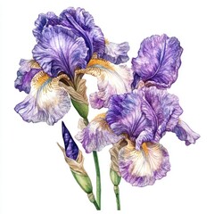 Watercolor painting of purple iris flowers.