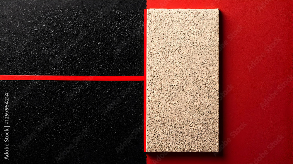 Poster abstract composition with red geometric lines dividing dark black starry background and textured bei