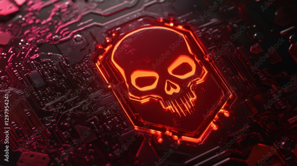 Poster a red skull and crossbones icon on a circuit board background with a glowing effect. icon on a compu