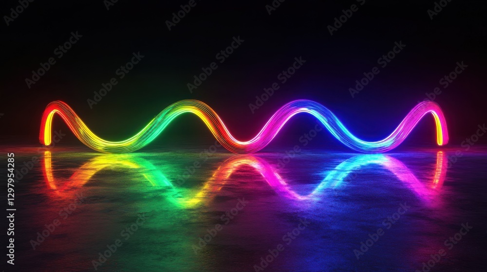 Poster 3d rendering of a multicolored neon curved line with loops, glowing in the dark and reflected in a m