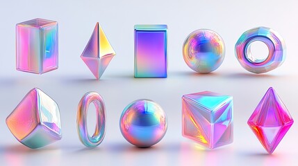 3D iridescent icon cut-out element set.
