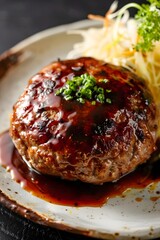 Artfully Plated Japanese-Style Hamburg Steak with Shredded Cabbage Side