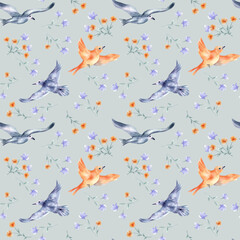 Birds and flowers watercolor seamless pattern isolated. Floral repeated background with flying birds in blue orange colors hand painted. Colorful birds and simple blooms design pattern for textile.