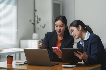 Businesswomen working together using laptop and discussing over project in office