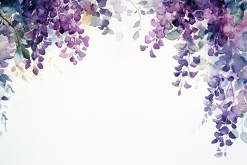 Watercolor painting of purple wisteria flowers and leaves on white background.