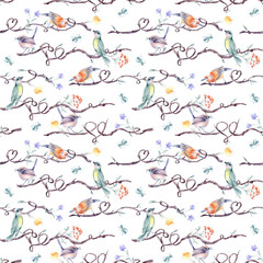 Obraz premium Watercolor seamless pattern with cute small birds on tree branches with hearts isolated. Design child wallpaper of nature art and tiny birdies in soft colors hand painted. Simple flowers, butterflies.