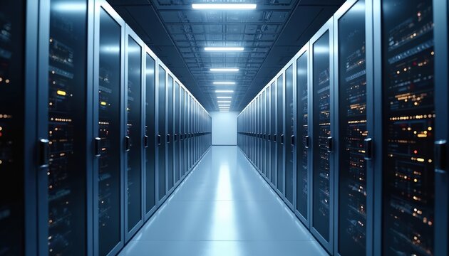 Server racks in server room data centre. Long row of networking towers, render farm. Modern high tech business interior, cyberspace service, hardware support, safety connection, hosting commerce