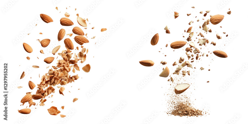 Poster falling almond pieces and crushed nuts create dynamic visual effect