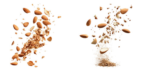 Falling almond pieces and crushed nuts create dynamic visual effect