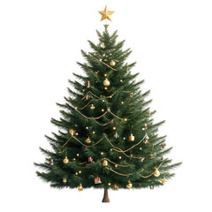 Fototapeta premium Christmas tree with toys and a golden star, isolated on a transparent background.