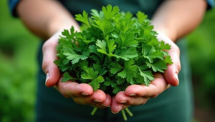 Close-up of hands holding fresh organic parsley plants. Farmer presents homegrown green leafy vegetable, cultivated with natural agricultural methods. Healthy eco food, plant-based eating, vegetarian