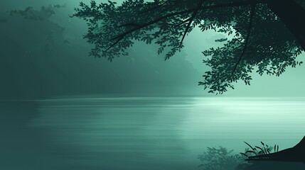 Serene Teal Lake and Forest Silhouette in Mist