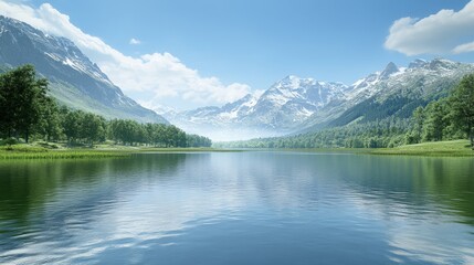 Fototapeta premium Serene alpine lake reflecting snow-capped mountains and lush forest under clear blue sky offering a sense of peace and tranquility