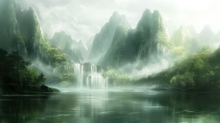 Dreamy Misty Mountains in Soft Morning Light