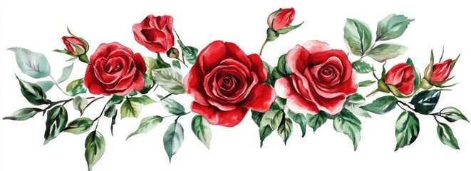 Watercolor painting of red roses and green leaves. (1)