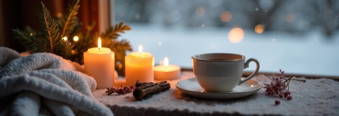 Obraz premium Cozy winter evening with tea, candles, and snow falling outside the window