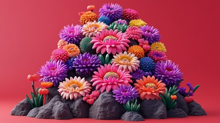 Obraz premium Vibrant floral display with textured stone base against a bold backdrop adds depth and evokes a sense of artistic celebration