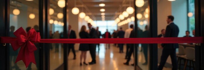 Naklejka premium Red ribbon cutting ceremony for grand opening of new office space