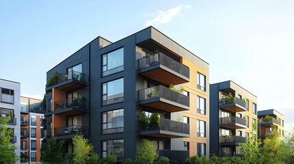 Modern Apartment Buildings Exterior View with Glass Windows and Balconies under Blue Sky