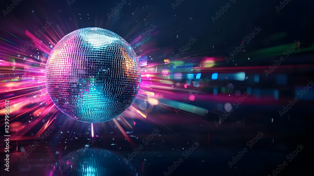Poster abstract digital sphere with light rays in dark background