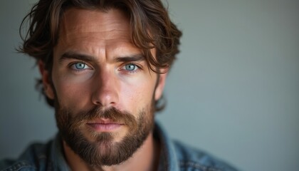 Obraz premium Close-up portrait handsome bearded man with piercing blue eyes lost in thought. Rugged model gazes intently expressing depth emotion, wearing denim shirt in studio with natural light.