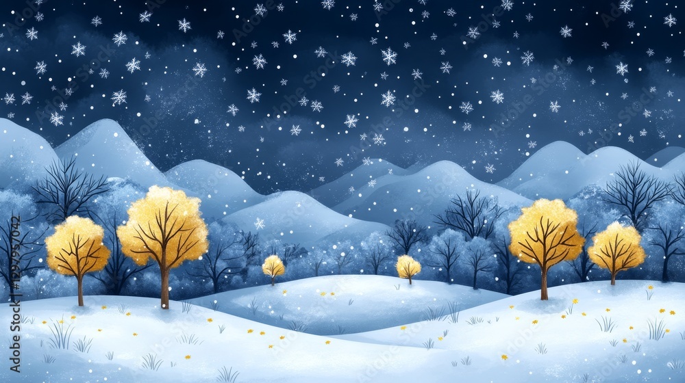 Poster dreamlike winter wonderland backdrop with golden trees snowfall and misty mountain range creating a 