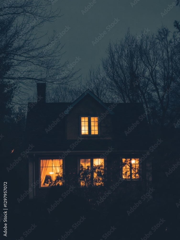 Poster warm lights glow from a cozy house surrounded by trees on a calm night. generative ai